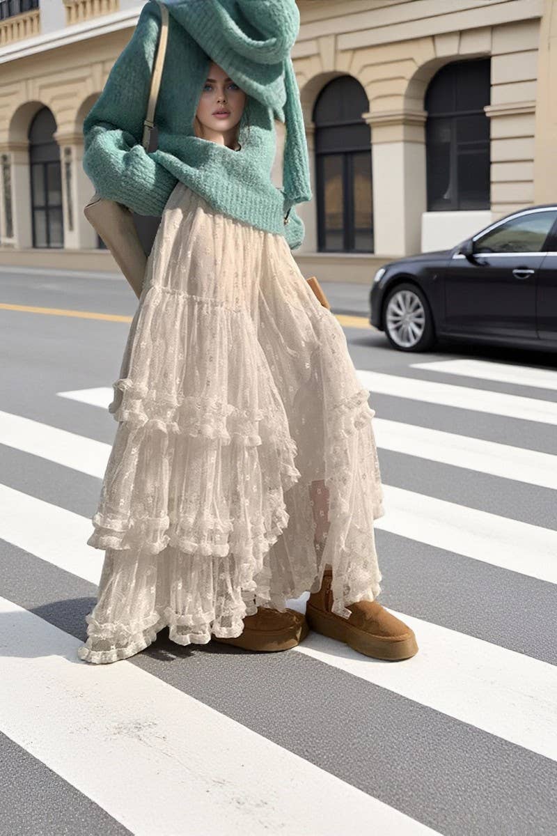 CWBLS00714_2025 FLORAL MESH RUFFLE IRREGULAR MAXI SKIRT