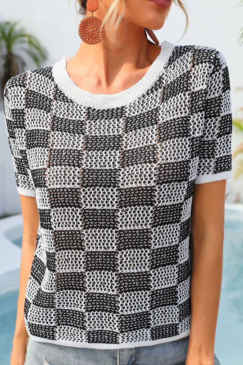 CWTBLS1750_SUMMER PLAID HOLIDAY CASUAL CREW NECK SHIRT