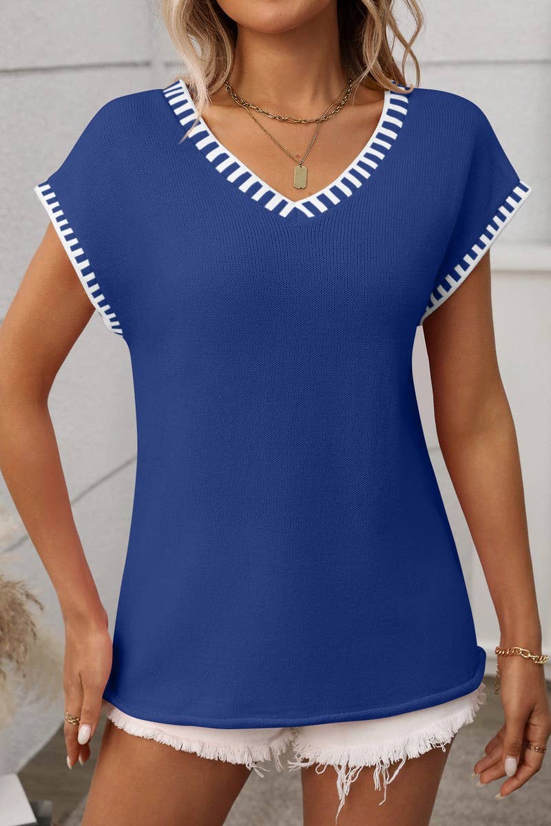 CWOSWSL0155_V-NECK CAP SLEEVE KNIT PULLOVER SWEATER VEST