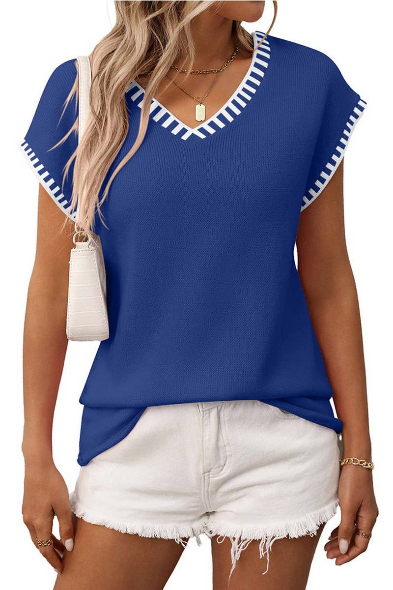 CWOSWSL0155_V-NECK CAP SLEEVE KNIT PULLOVER SWEATER VEST