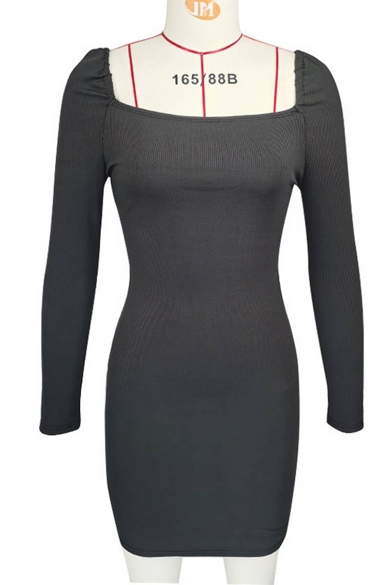 CWDSD7464_LONG SLEEVE SQUARE NECK PUFF SLEEVE SLIM DRESS
