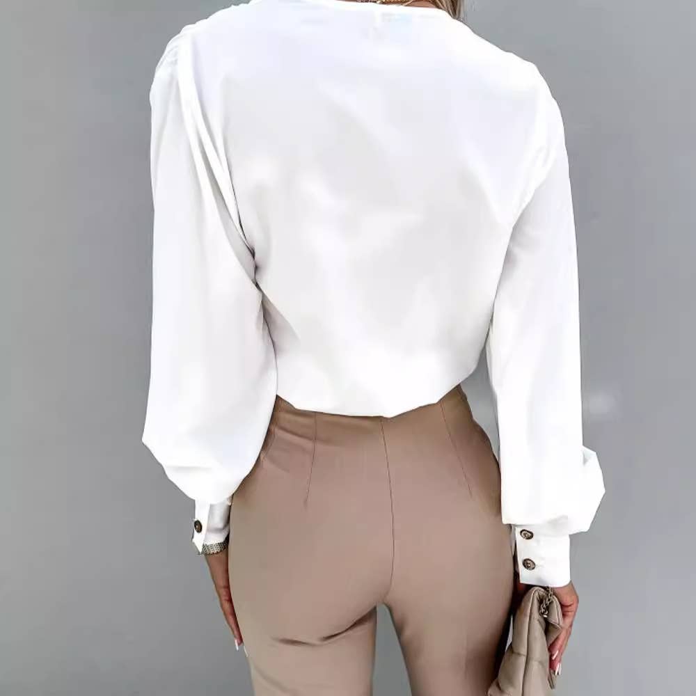 CROSSED DEEP V-NECK SOLID COLOR LONG-SLEEVED TOP