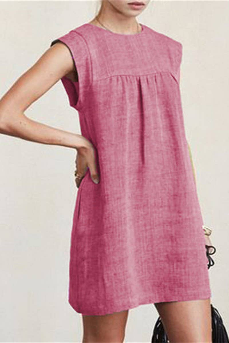 CWDSD10559_LOOSE CASUAL COTTON AND LINEN SOLID COLOR DRESS