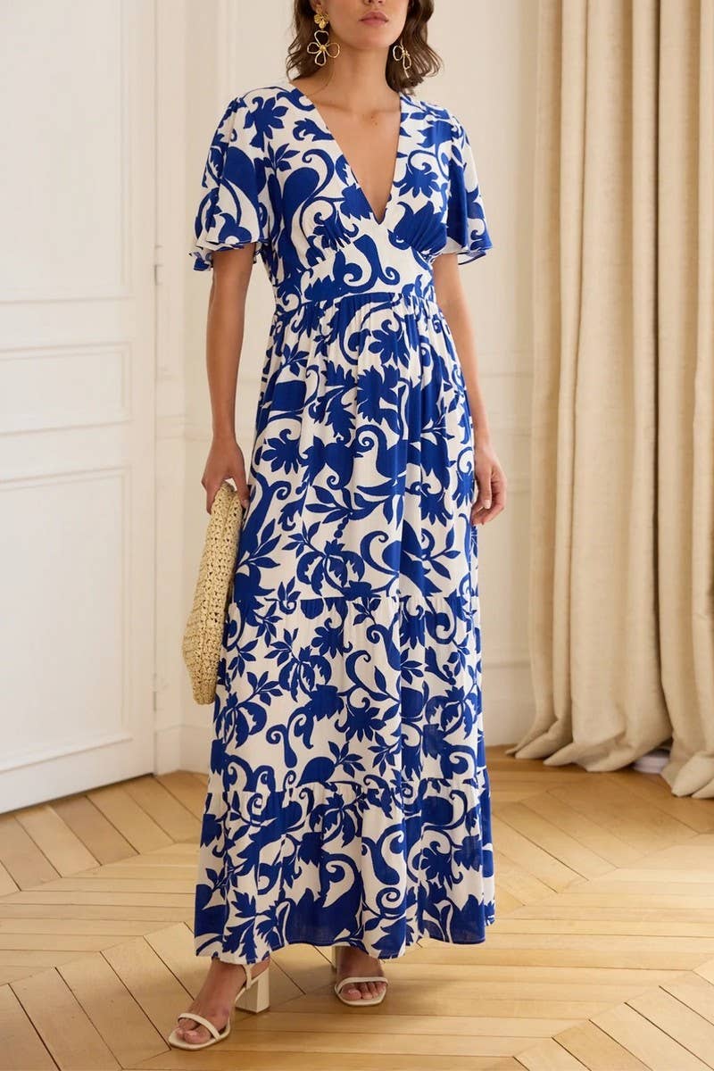CWDMD6478_ELEGANT FLORAL V-NECK SHORT SLEEVE MAXI DRESS