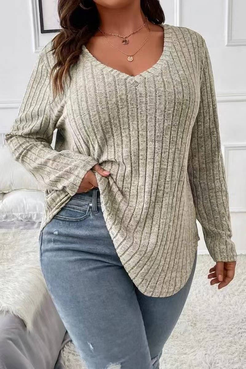 CWTTL1961_SPRING AND AUTUMN V-NECK LARGE SIZE RIBBED TOP