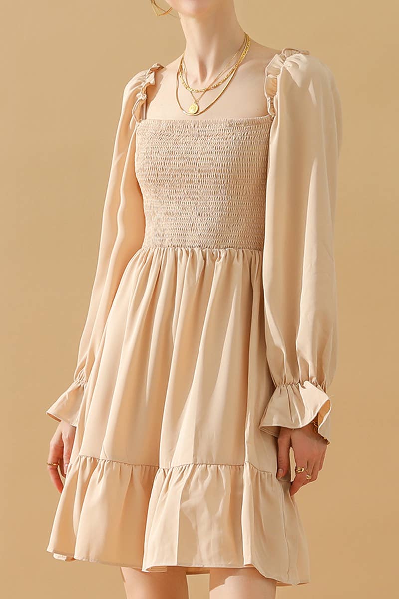 CWDSD10342_RUFFLE HIGH WAIST LONG SLEEVE CASUAL DRESS