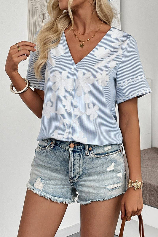 CWTBLS2291_V-NECK LOOSE FIT PRINTED SHORT SLEEVE TOP