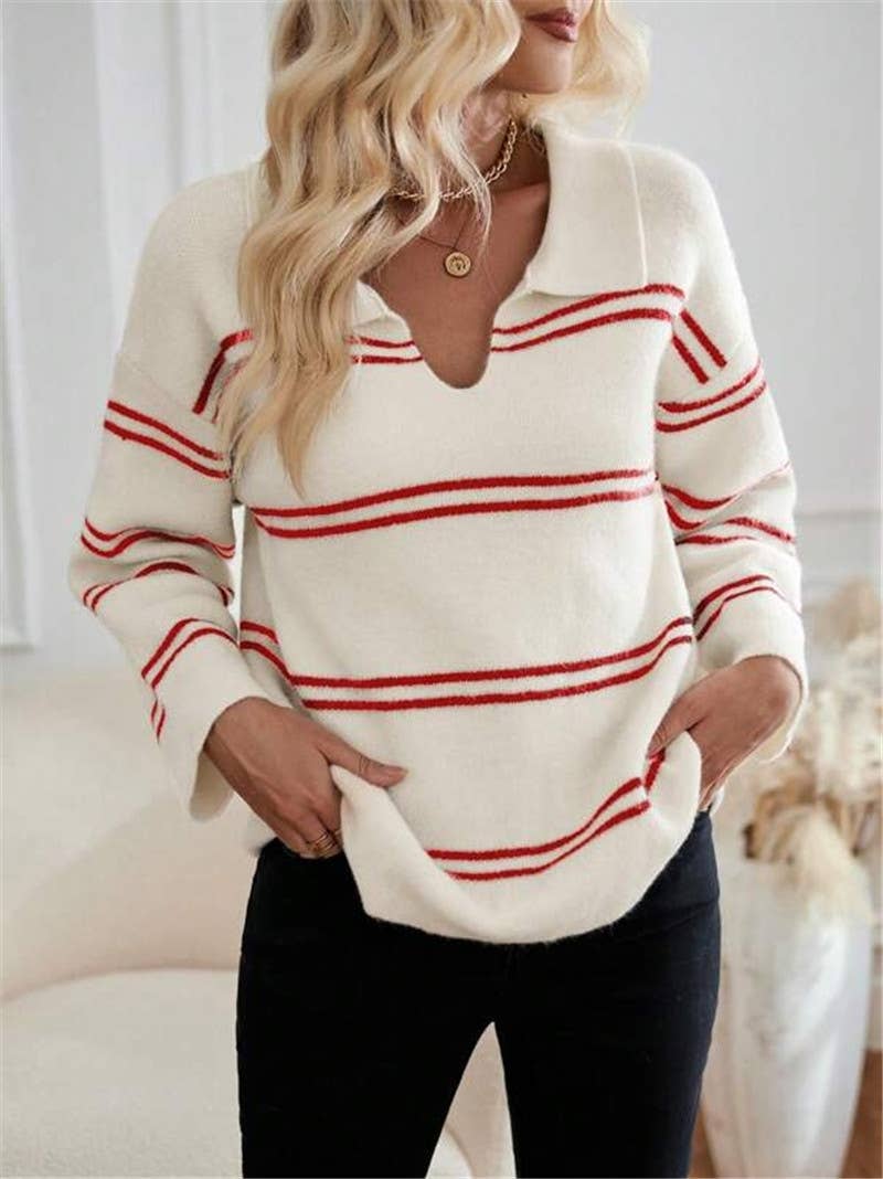 Color-blocking striped polo neck knitted sweater