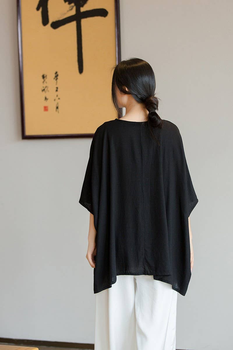 CWTBLS1454_LINEN BATWING SLEEVE SUN PROTECTION TOP