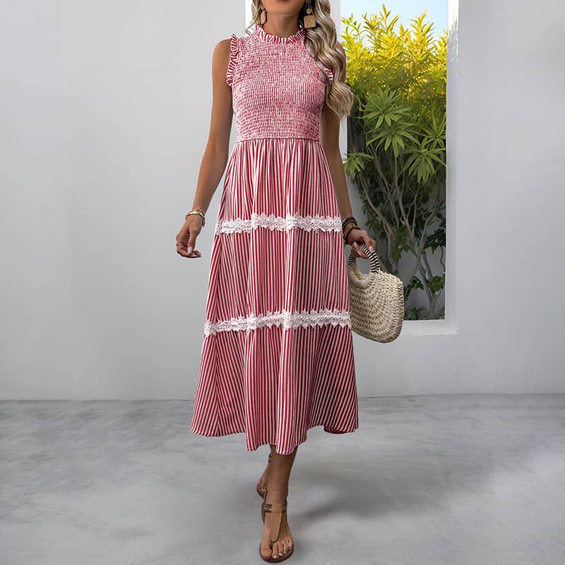 Ear-trimmed round-neck sleeveless striped dress