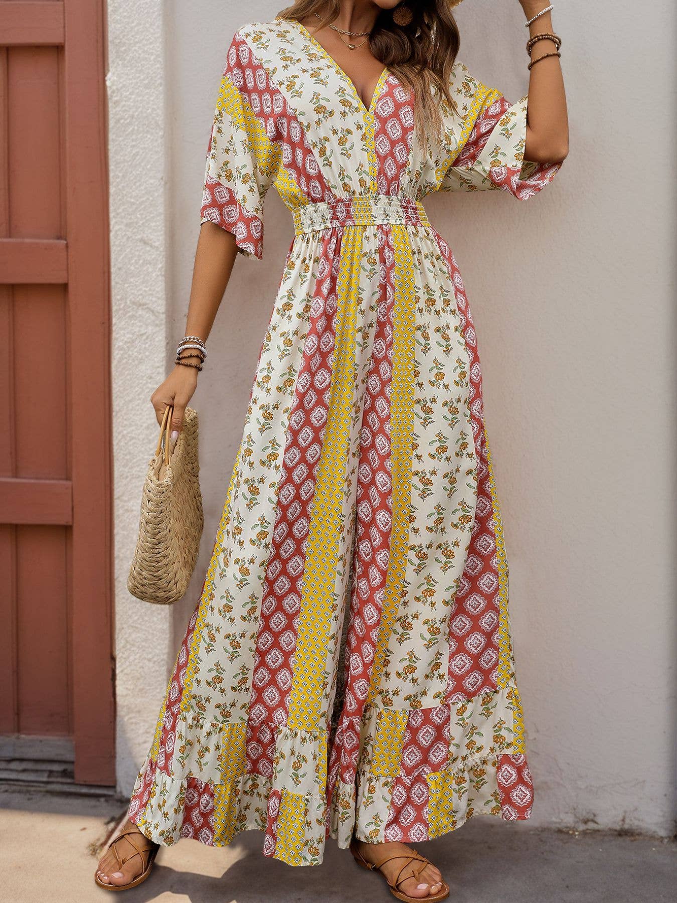 Boho Floral Print Vintage High Waist Jumpsuit