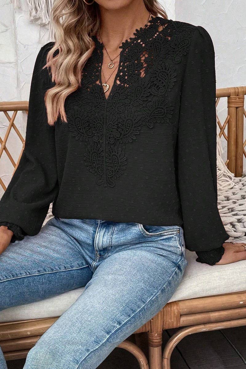 CWTTL2006_V-NECK LACE SOLID COLOR LONG-SLEEVED CASUAL TOP