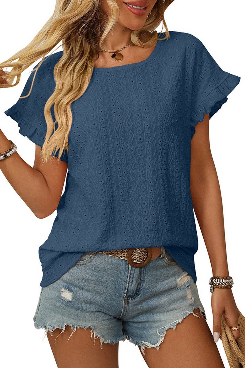 CWTBLS1710_SOLID COLOR ROUND NECK SHORT SLEEVE HOLLOW TOP