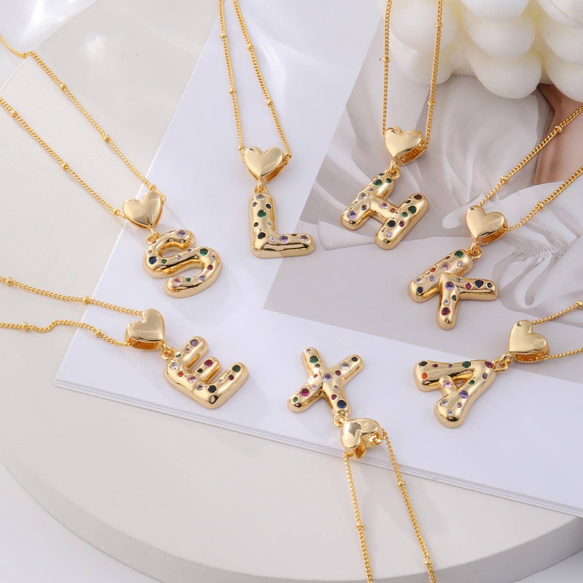 Colorful Zirconia Heart Letter Pendant Necklace