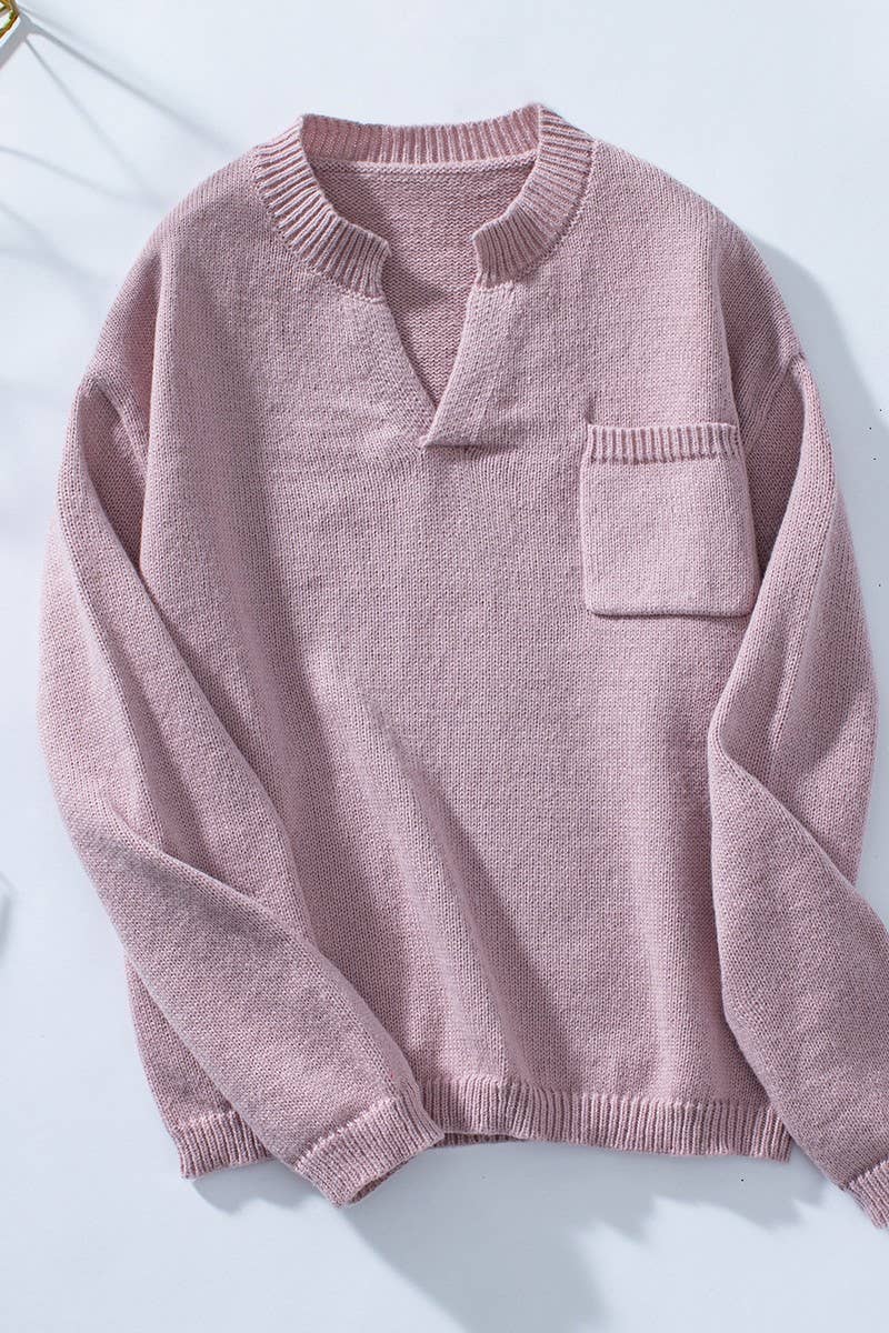 CWOSWL6942_SOLID POCKET LOOSE FIT V-NECK KNIT SWEATER