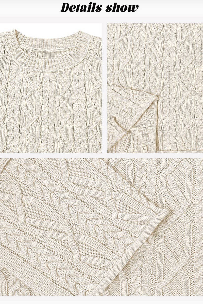 CWOSWL7016_ROUND NECK SHORT CABLE KNIT LOOSE SWEATER