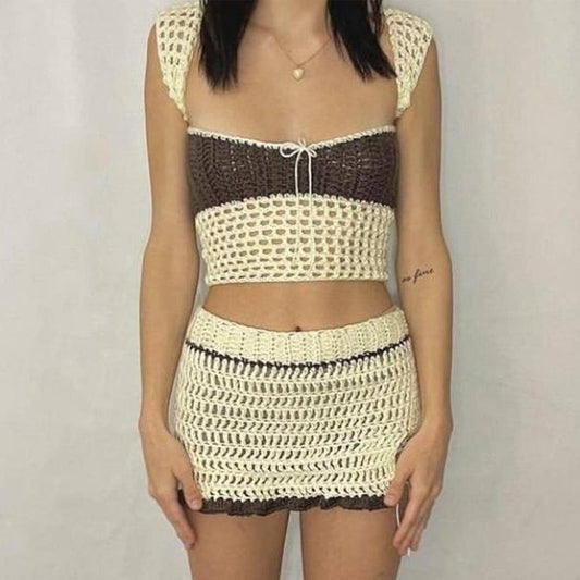 COLOR MATCHING SLEEVELESS VEST SPLIT SKIRT SUIT