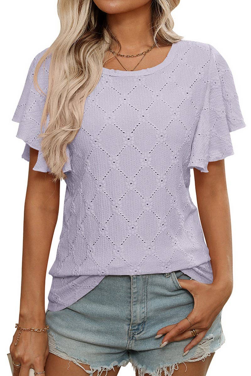 CWTTS1371_SUMMER FLOWER HOLLOW LOTUS SLEEVE CASUAL TOP