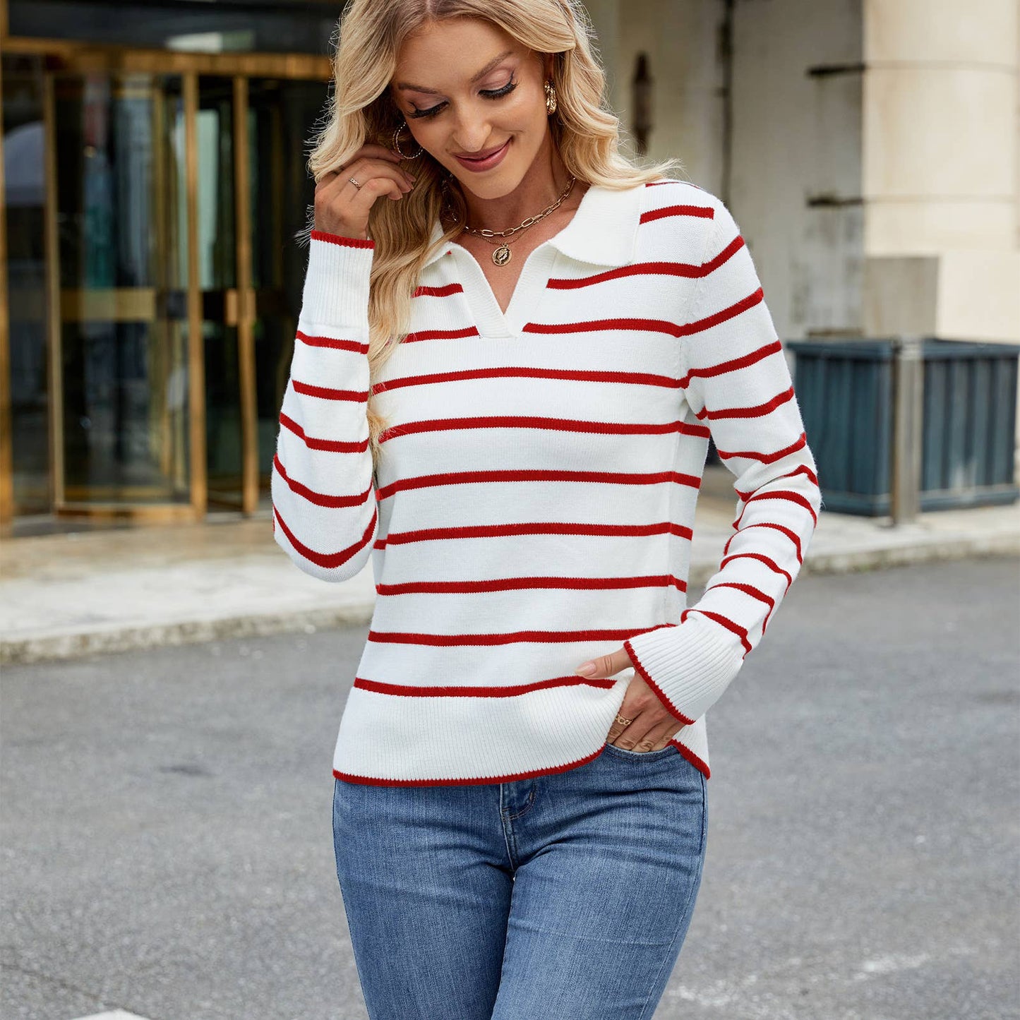 CASUAL COLOR STRIPED SWEATER WITH LAPEL NECK