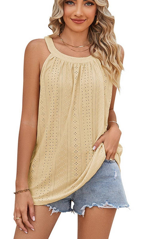 CWTBLSL0623_GATHERED EYELET SLEEVELESS CAMISOLE TOP