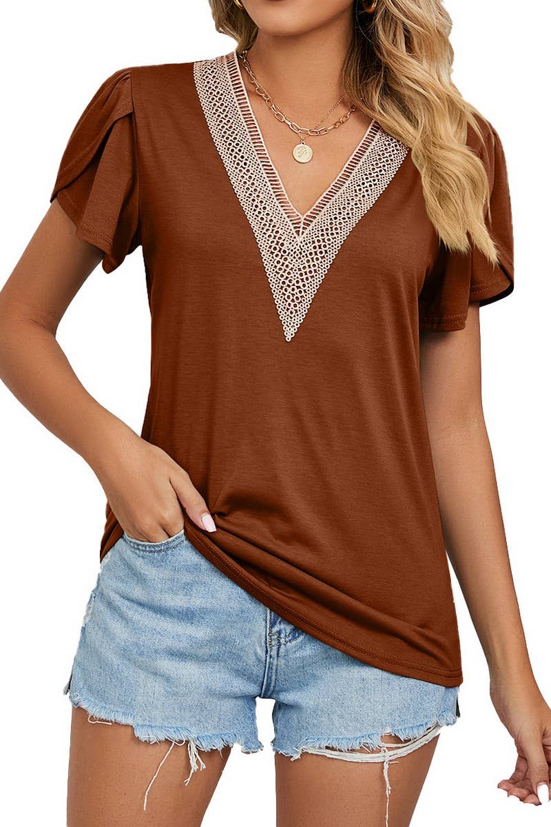 CWTBLS0872_V-NECK GOLD LACE SHORT-SLEEVED T-SHIRT
