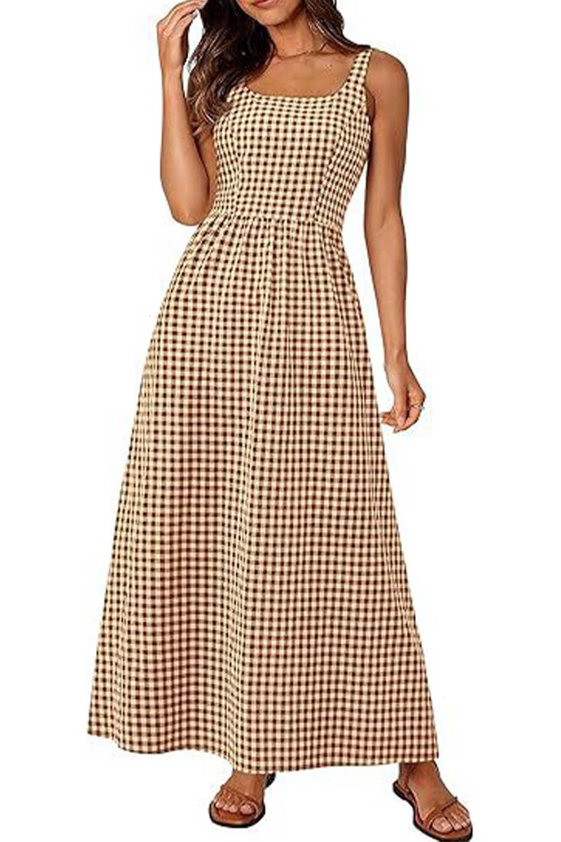 CWDHL1084_SPAGHETTI STRAP SQUARE NECK PLAID SHIRRED DRESS