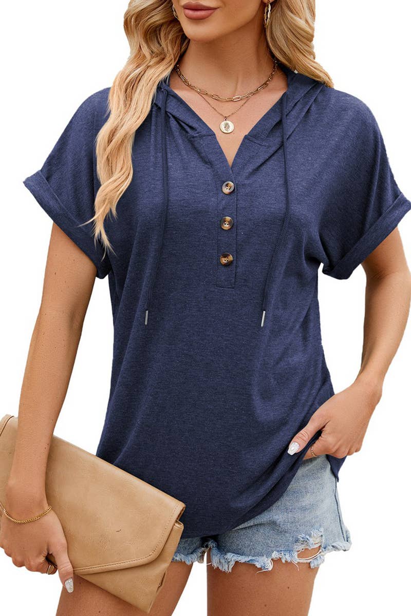 CWTTS1350_SUMMER SOLID COLOR HOODED BUTTON SHORT SLEEVES