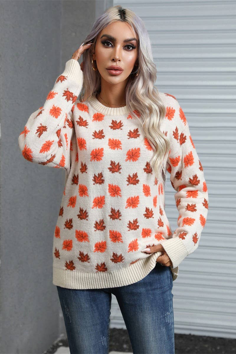 CWOSWL5757_MAPLE LEAF CHRISTMAS CREW NECK SWEATER