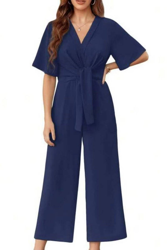CWSJS1693_SOLID COLOR V-NECK SHORT SLEEVE JUMPSUIT