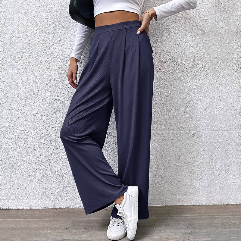 ELASTIC-WAISTED SOLID COLOR SLACKS WITH WIDE LEGS