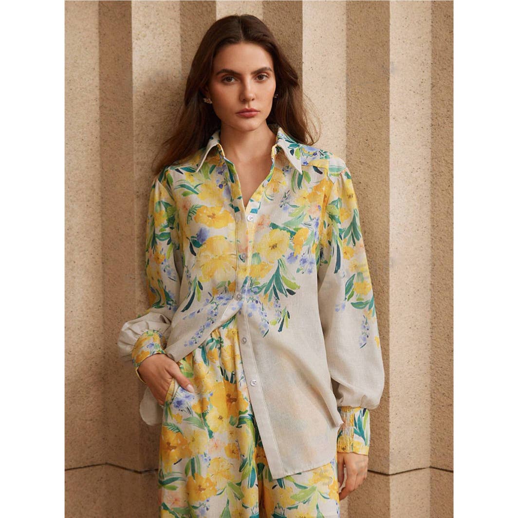 Fashion floral printed shirt and trousers set