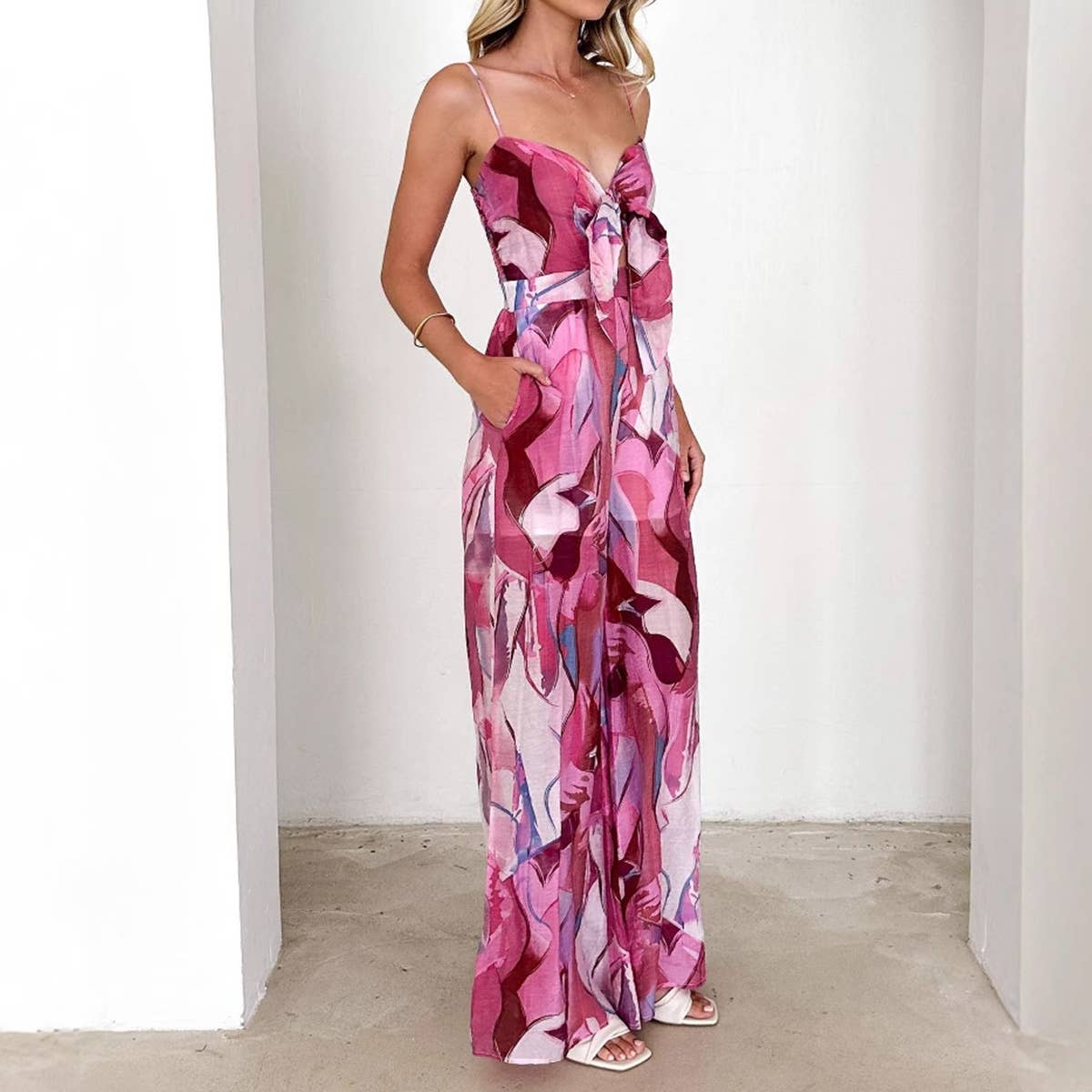 Casual print halter with bow tie jumpsuit