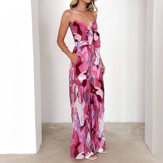 Casual print halter with bow tie jumpsuit