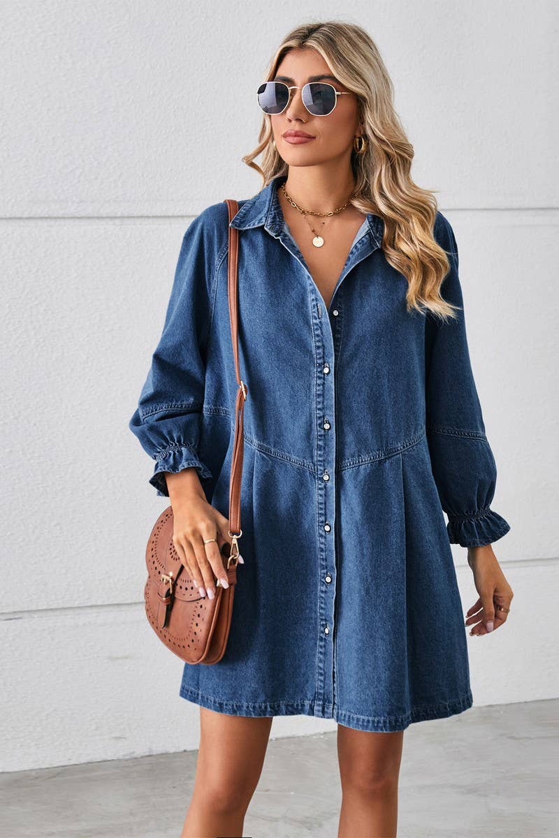 CWDSD10891_WASHED LONG-SLEEVED PANELED DENIM DRESS