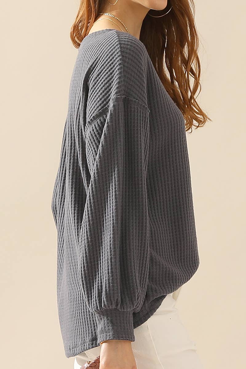 CWTTL1097_SHIRING CUFF R NECK SWEATER KNIT TOP