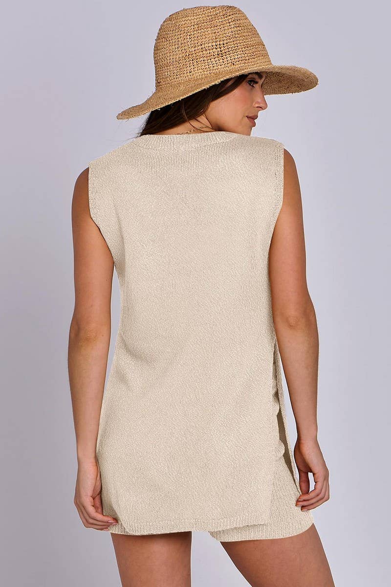 CWSTB1658_SOLID COLOR SLEEVELESS SHORTS KNITTED SUIT