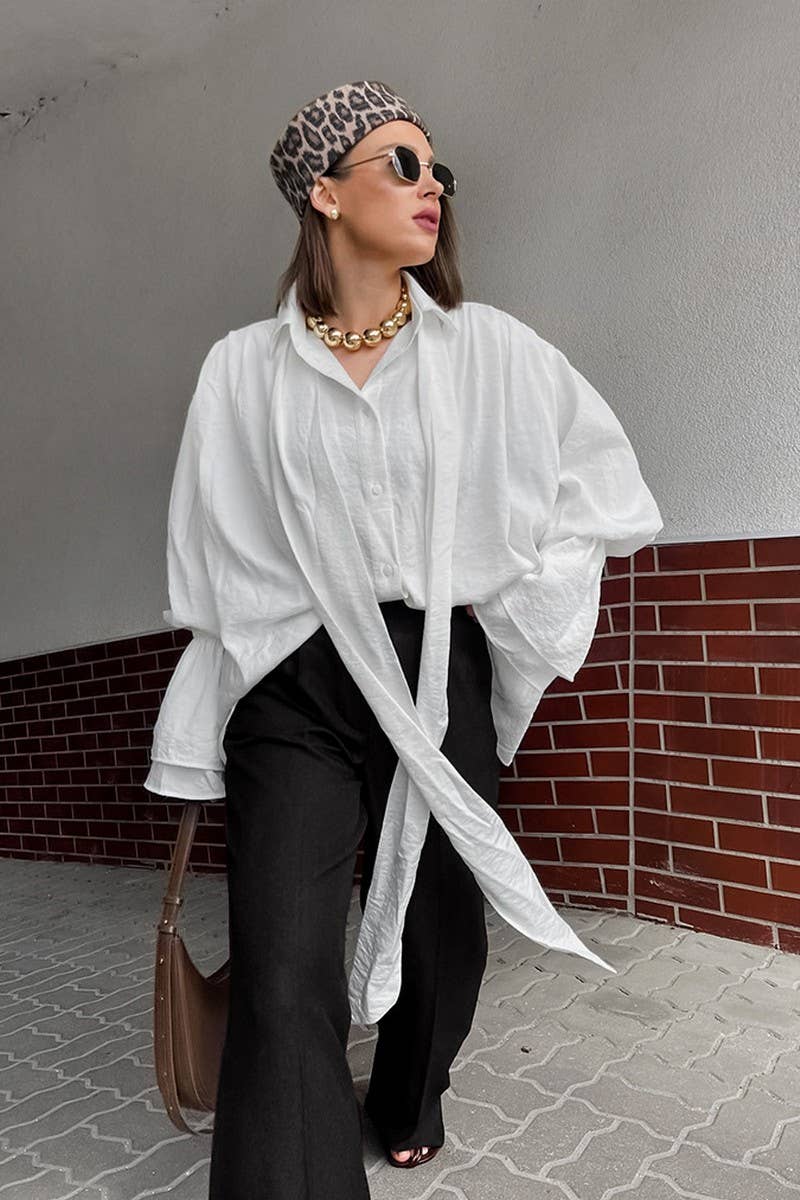 CWTBLL3356_LOOSE WHITE RIBBON TRUMPET SLEEVE SHIRT TOP