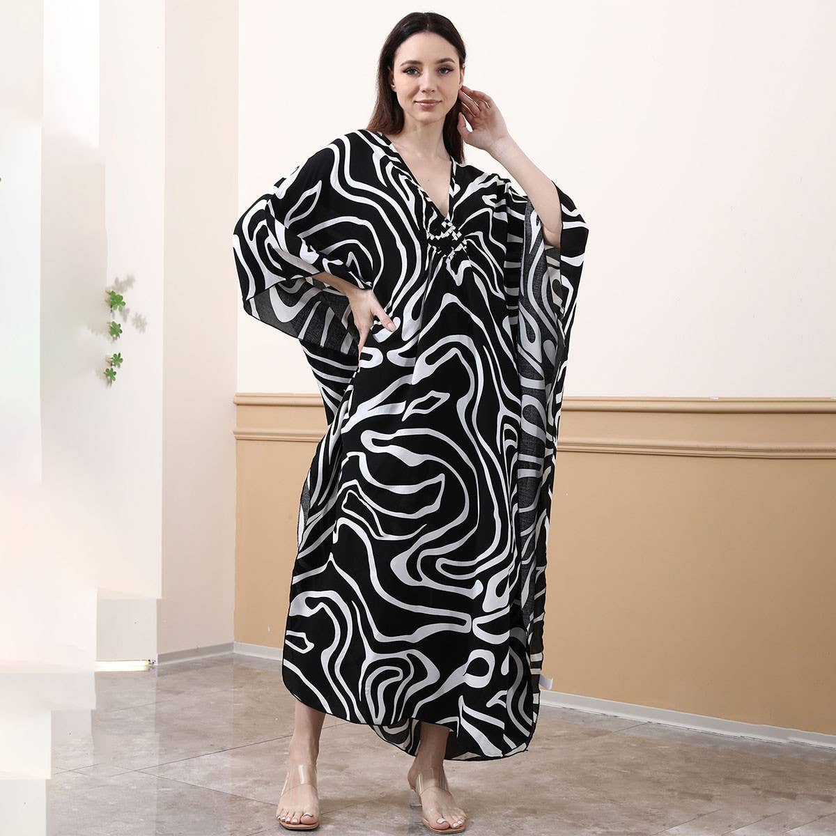 Cotton Zebra Print Beach Cover-Up,Plus Size,Woven