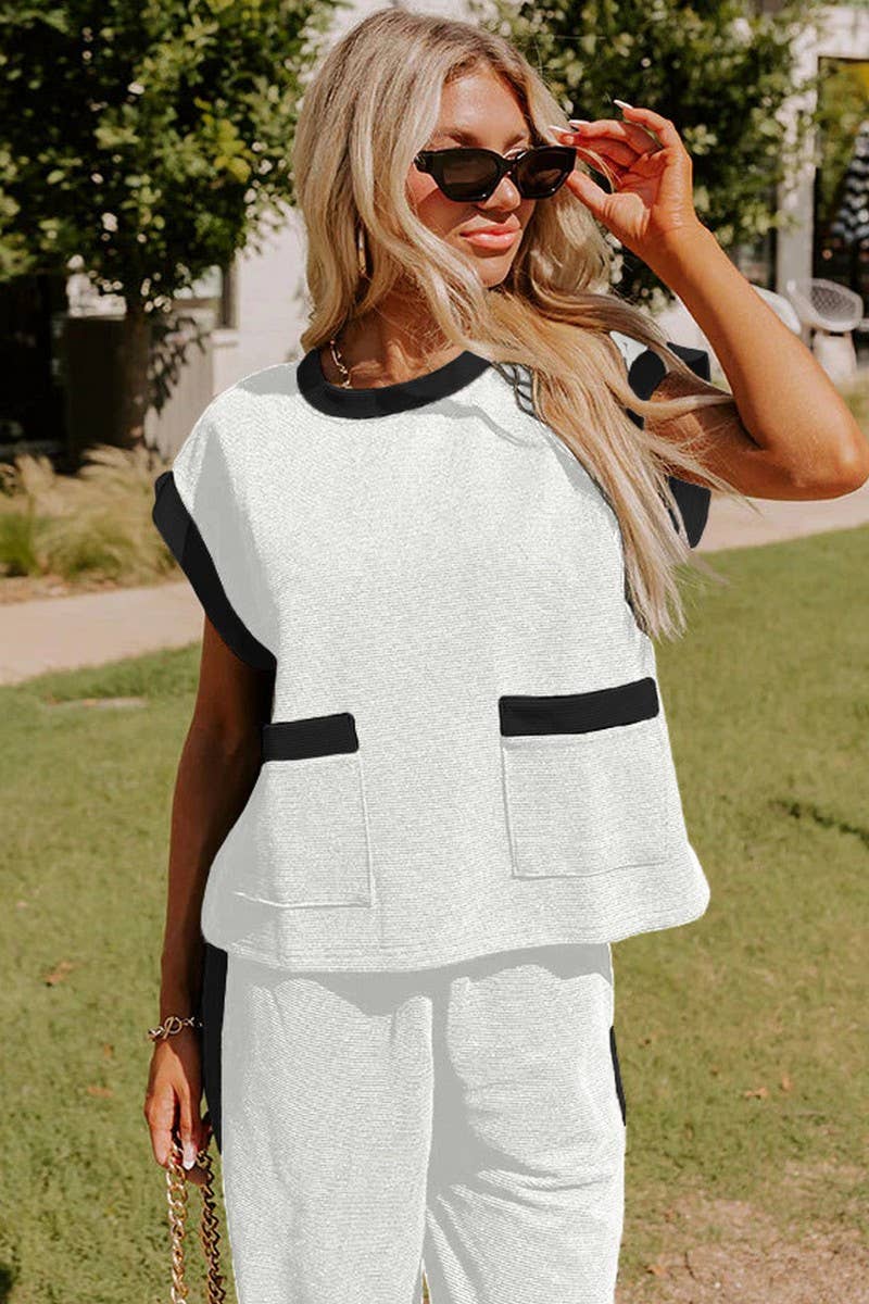 CWSTB1794_COLOR BLOCK ROUND NECK LOOSE FIT TWO-PIECE SET