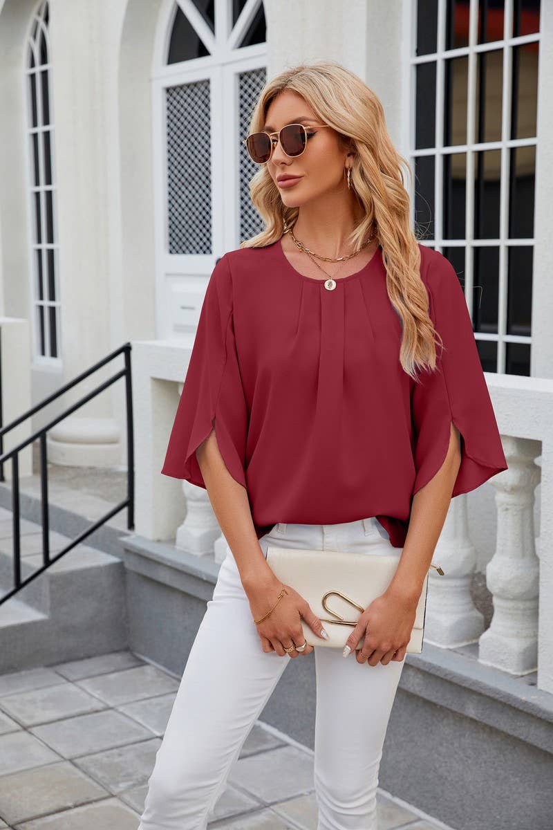 CWTBLS0434_Round Neck Short Sleeve Blouse