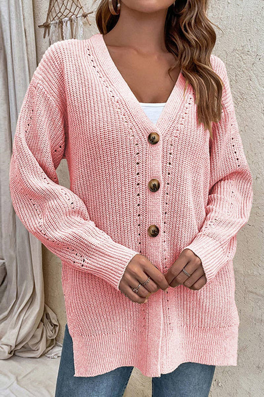 CWOCAL353 Button Down Sleeve V-Neck Cardigan Sweater
