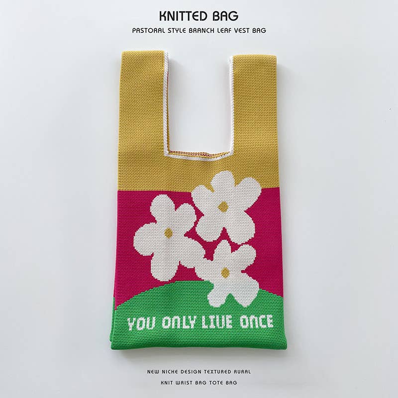 Heart-shaped color-blocked knitted handbag