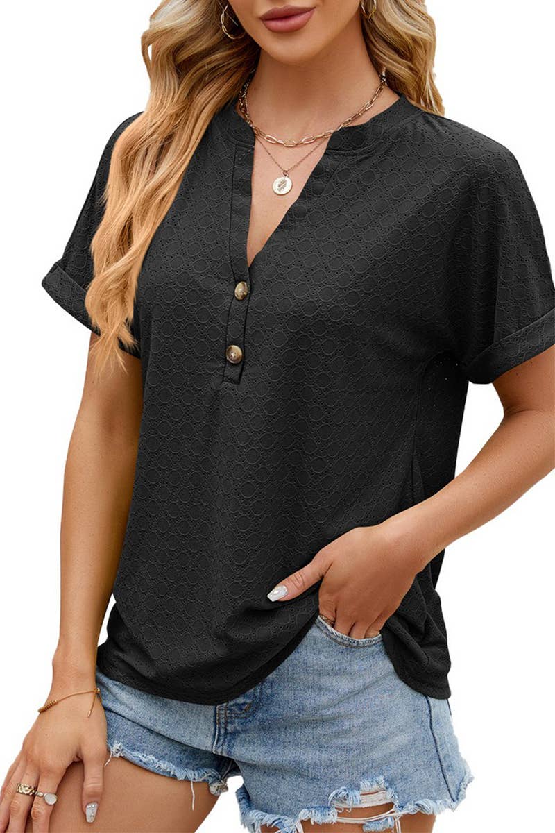 CWTTS1349_SUMMER NEW V-NECK BUTTON SHORT-SLEEVED T-SHIRT