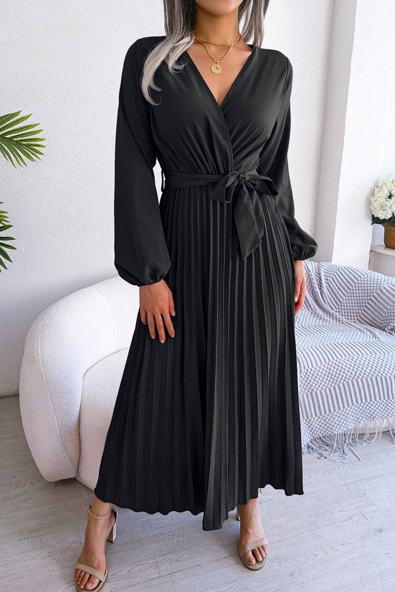 CROSSOVER V NECK PLEATED MAXI DRESS_CWDMD1174