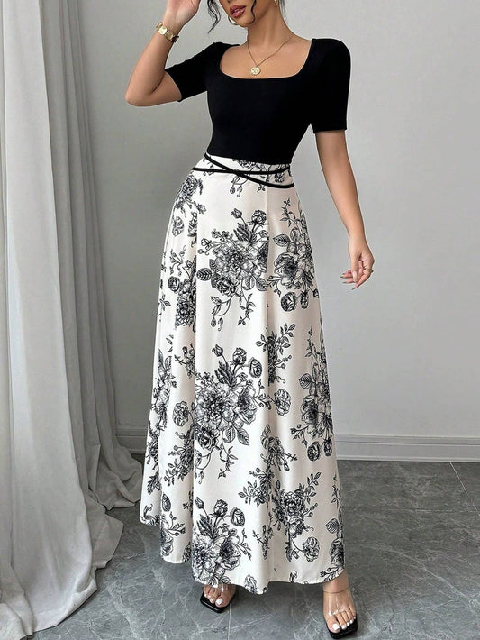 Floral print vacation style patchwork long dress
