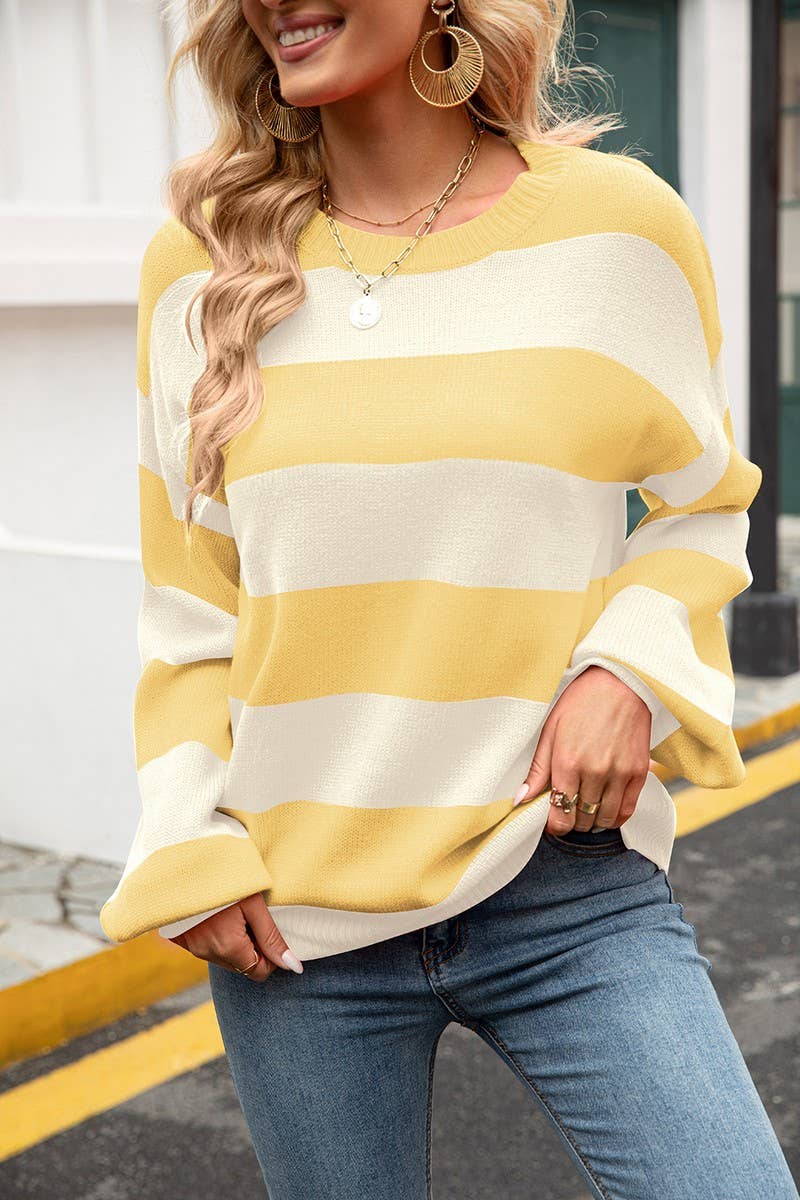 CWOSWL3148_STRIPED CONTRAST CREW NECK KNITTED LOOSE SWEATER
