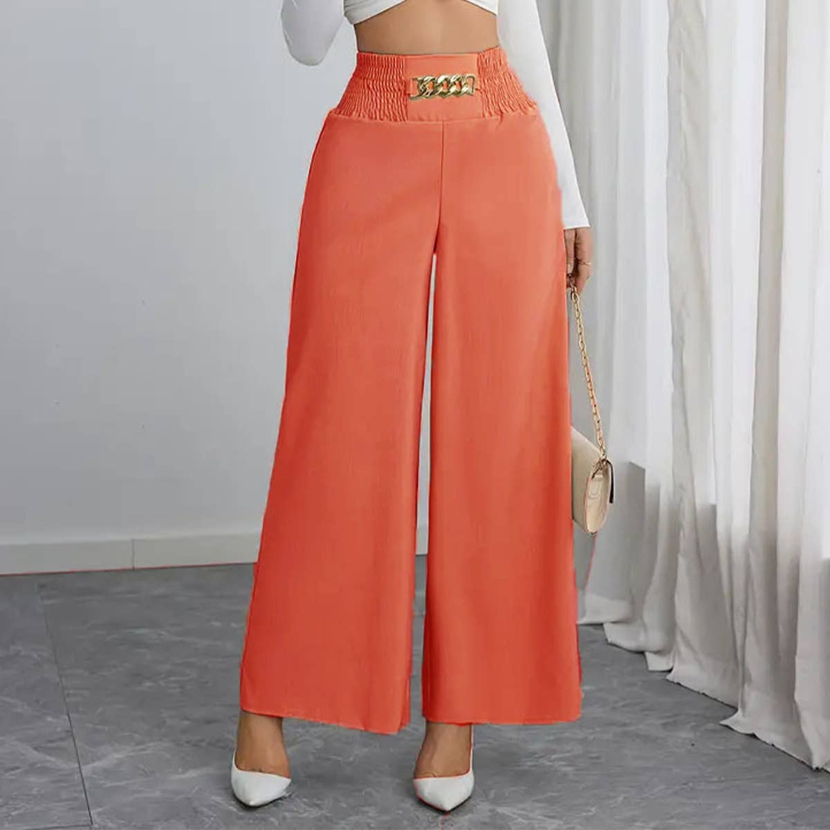 COMMUTER SOLID CHAIN SPANKING WIDE-LEG PANTS