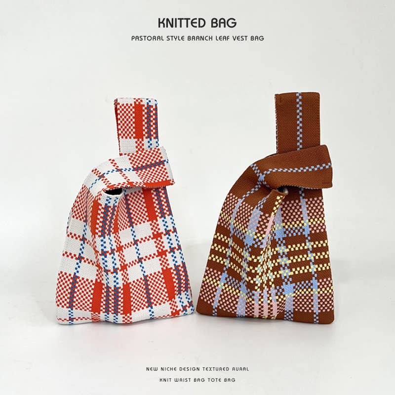 Colorful checkered knitted single-shoulder bag