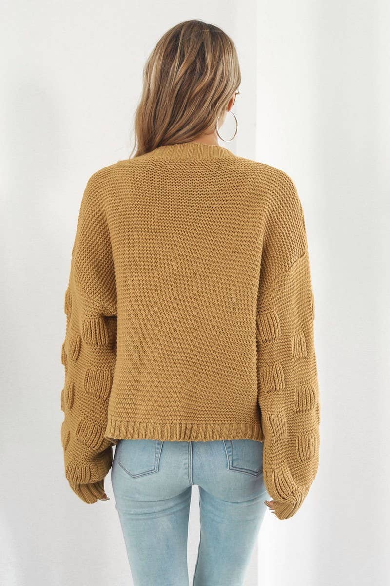 CWOCAL1191_3D LANTERN SLEEVE KNITTED CARDIGAN SWEATER