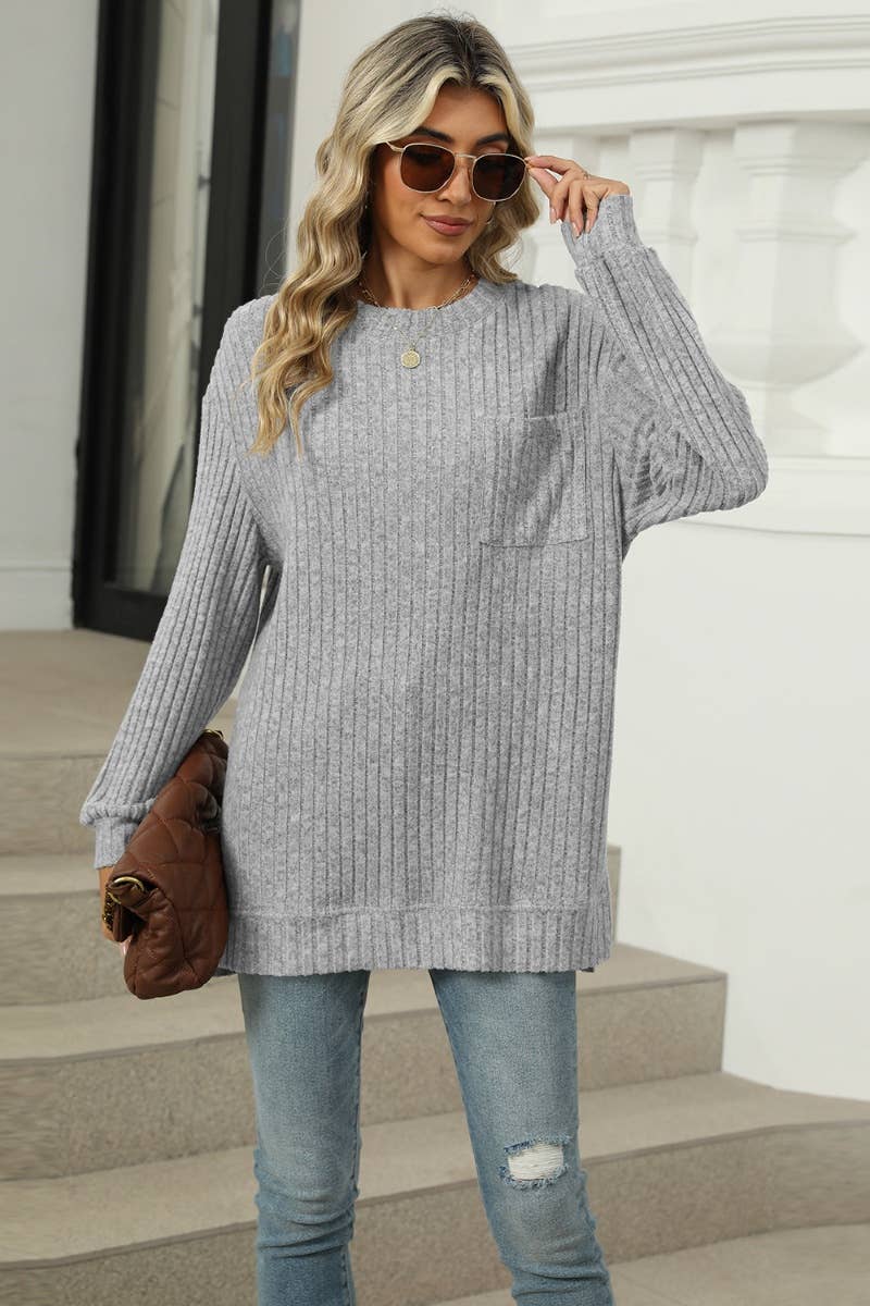 CWOSWL6608_WINTER POCKET CREW NECK LONG-SLEEVED SWEATER